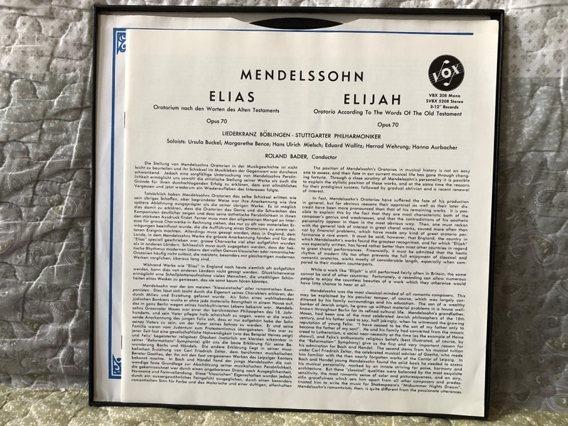 Mendelssohn: Elijah - Liederkranz Böblingen, Stuttgarter Philharmonic, Roland Bader (conductor), Ursula Buckel, Margarethe Bence, Hans Ulrich Mielsch, Eduard Wollitz, Herrad Wehrung / VOX 3x LP, Box Set, Stereo / SVBX 5208