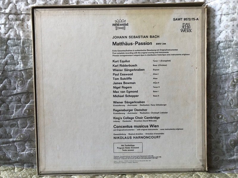 Johann Sebastian Bach - Matthäus-Passion (Erste Gesamtaufnahme in authentischer Besetzung mit Originalinstrumenten) / Das Alte Werk / Telefunken 4x LP, Box Set / SAWT 9572/75-A