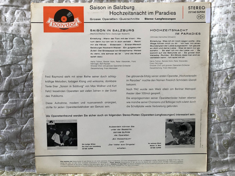 Saison In Salzburg; Hochzeitsnacht Im Paradies (Grosse Operetten-Querschnitte) / Herta Talmar, Renate Holm, Peter Alexander, Franz Fehringer, u. a. / Polydor LP Stereo / 237 040 SLPHM