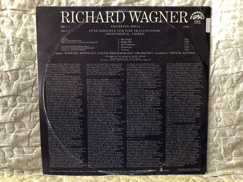 Wagner - Siegfried-Idyll; Wesendonck-Lieder / Naděžda Kniplová, Czech Philharmonic Orchestra, Zdeněk Košler / Supraphon LP Stereo / 1 12 1136 