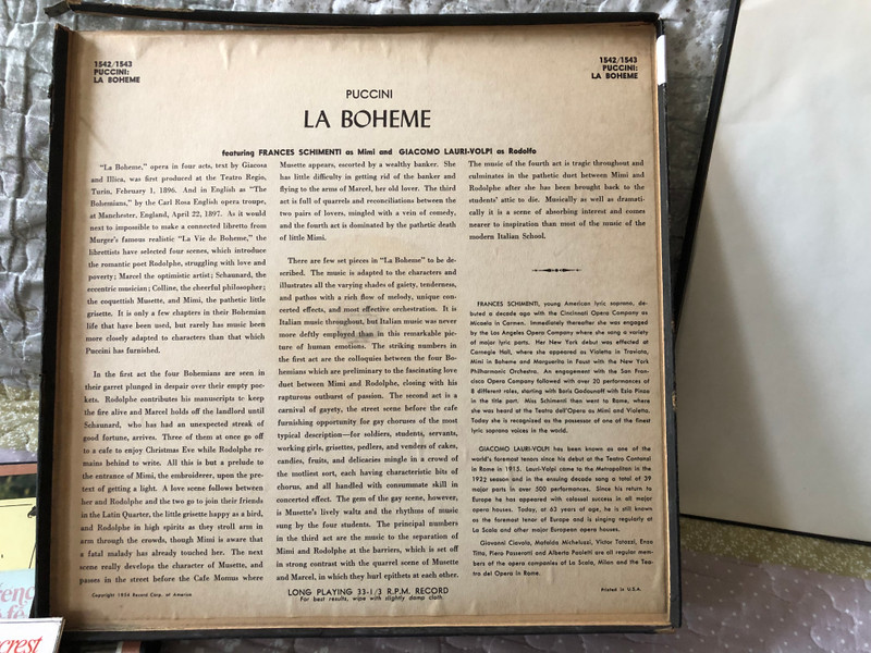 Puccini: La Boheme (complete) - Conductor: Alberto Paoletti, Chorus Director: Giuseppe Conca; Orchestra and Chorus of the Teatro dell' Opera, Rome; Recorded from the stage of the Rome Opera House / Allegro-Royale 2x LP / 1542/43