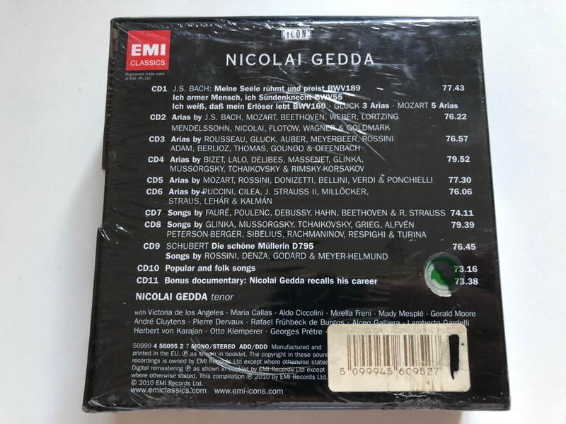 Nicolai Gedda: Lyric Poet of the Tenor Voice - Bach, Mozart, Beethoven, Schubert, Lehar, Rossini, Verdi, Puccini, Mussorgsky - Traditional Russian Folk Songs / EMI Classics 11x Audio CD, Mono-Stereo 2010 / 5099945609527