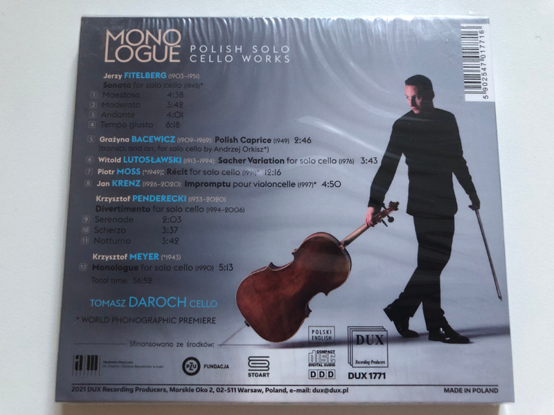 Mono Logue : Polish Solo Cello Works - Tomasz Daroch (cello) / DUX Recording Audio CD 2021 / DUX 1771