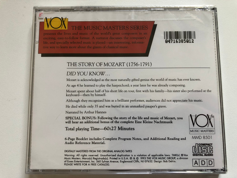 The Story Of Mozart In Words And Music / Over One Hour Of Musical Selections With Narration / Vox Music Masters / VOX Audio CD 1993 / MMD 8501