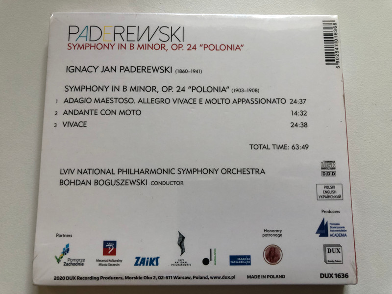 Paderewski: Symphony In B Minor, Op. 24 "Polonia" - Lviv National Philharmonic Symphony Orchestra, Bohdan Boguszewski (condcutor) / DUX Recording Producers Audio CD 2020 / DUX 1636