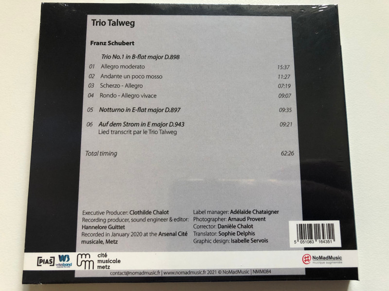Trio Talweg - Franz Schubert: Trio No. 1 D. 898, Notturno D. 897, Auf dem Strom D. 943 / NoMadMusic Audio CD 2021 / NMM084