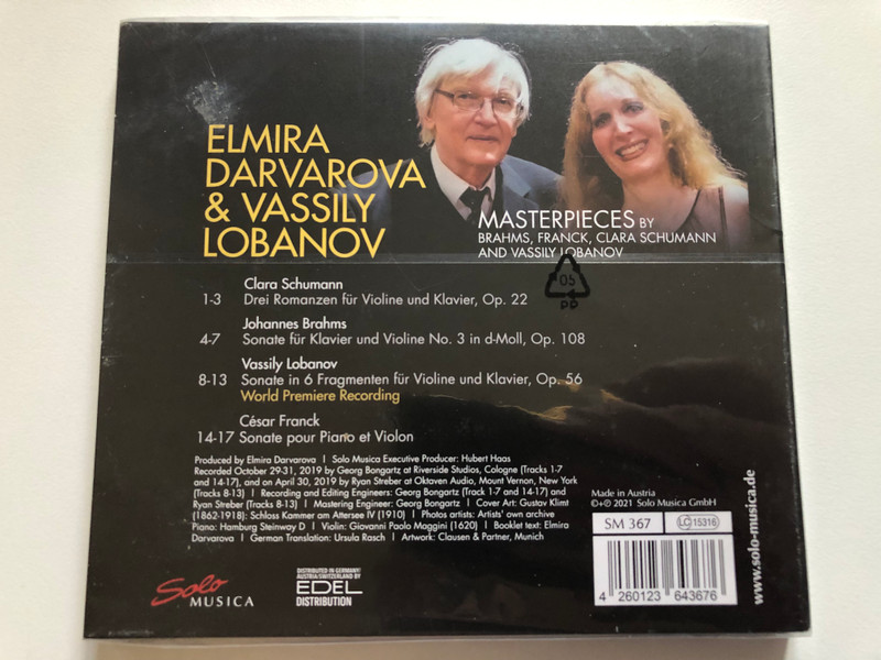Elmira Darvarova & Vassily Lobanov – Masterpieces By Brahms, Franck, Clara Schumann And Vassily Lobanov / Solo Musica Audio CD 2021 / SM 367