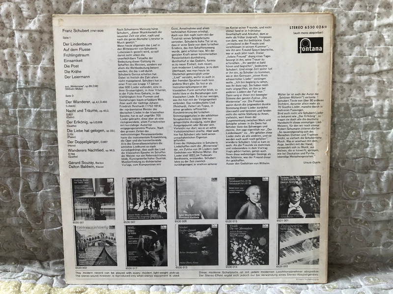 Gérard Souzay singt Schubert - Der Lindenbaum; Der Erlkönig; u. a. - Dalton Baldwin (klavier) / Fontana LP / 6530 026