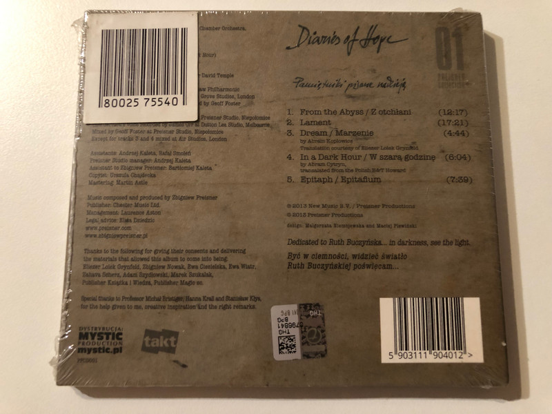 Diaries Of Hope - Zbigniew Preisner Featuring Lisa Gerrard And Archie Buchanan / Preisner Productions Audio CD 2013 / PPCD001