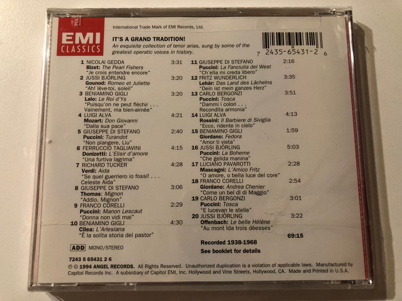 Tenors In The Grand Tradition - Pavarotti, Corelli, di Stefano, Bjorling, Tagliavini, Gedda, Gigli, Bergonzi, Tucker, Wunderlich, Alva / EMI Classics Audio CD 1994 Mono, Stereo / CDM 5 65431 2 6