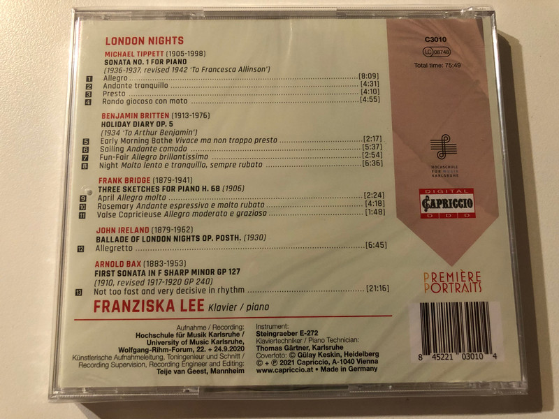 Franziska Lee (piano) - London Nights: Tippett, Britten, Bridge, Ireland, Bax / Capriccio Audio CD 2021 / C3010