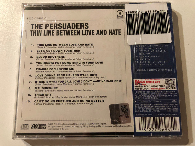 The Persuaders – Thin Line Between Love And Hate / Atlantic R&B Best Collection 1000 / ATCO Records Audio CD 2012 Stereo / 8122-79698-5 