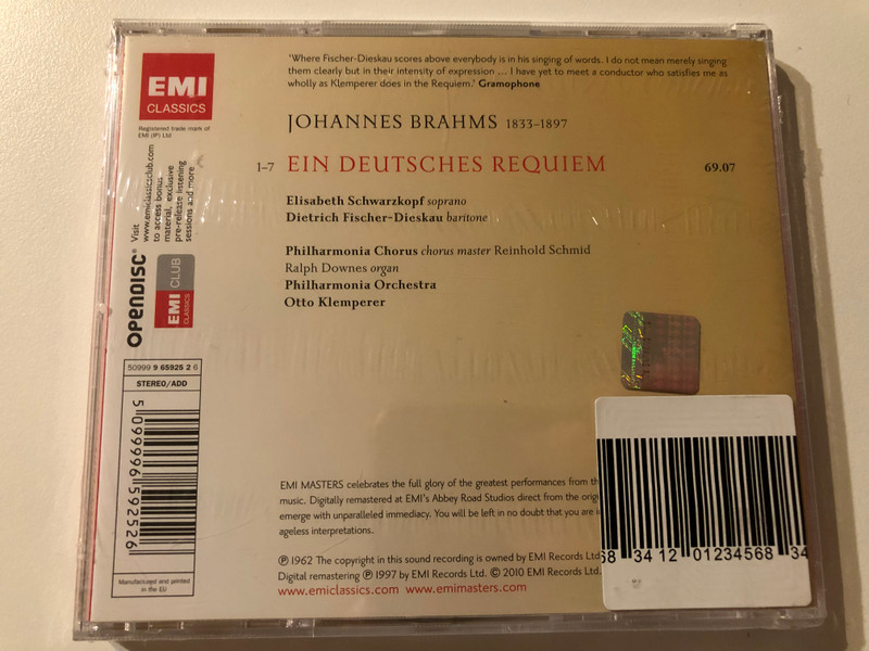 Brahms: Ein Deutsches Requiem - Otto Klemperer, Elisabeth Schwarzkopf, Dietrich Fischer-Dieskau, Philharmonia Orchestra & Chorus / EMI Masters / EMI Classics Audio CD 2010 Stereo / 5099996592526