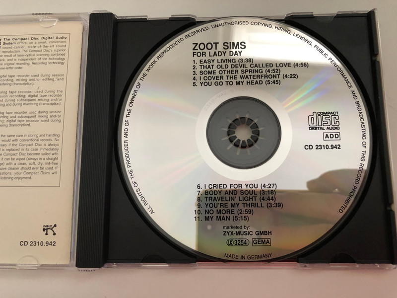 Zoot Sims – For Lady Day / Pablo Records Audio CD 1991 Stereo / CD 2310.942