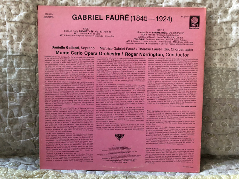 Gabriel Fauré: Arias And Choruses From Promethee, Opus 82 and Incidental Music to Caligula, Opus 41 - Danielle Galland (soprano), The Maitrise Gabriel Faure (Thérèse Farré-Fizio, chorusmaster) / PETERS INTERNATIONAL LP 1967 Stereo / PLE 037 