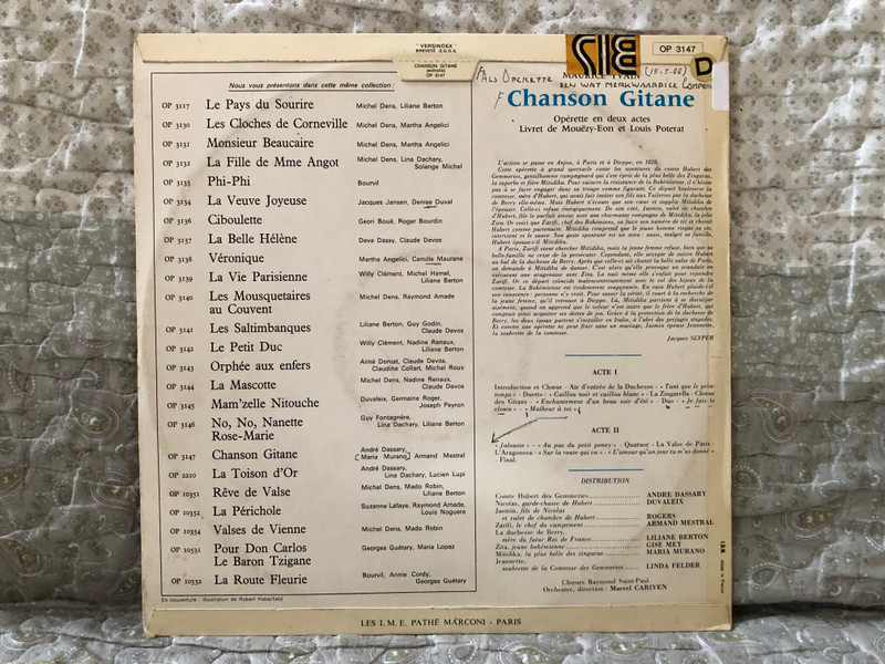 Maurice Yvain: Chanson Gitane - Andre Dassary (Hubert), Liliane Berton (La Duchesse De Berry), Duvaleix (Nicolas), Maria Murano (Mitidika), Orchestre,direction: Marcel Cariven / L'Opérette / Pathé LP / OP 3147