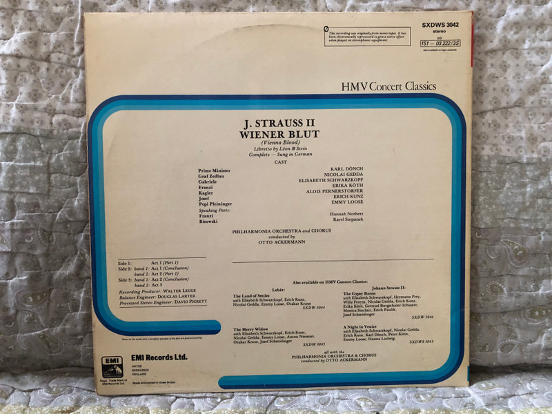 Johann Strauss: Wiener Blut Vienna Blood Complete - Elisabeth Schwarzkopf, Nicolai Gedda, Philharmonia Orchestra & Chorus, Otto Ackermann / HMV Concert Classics / His Master's Voice 2x LP, Stereo / SXDWS 3042