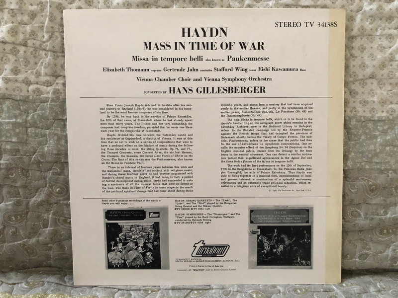Haydn: Missa In Tempore Belli = Mass In Time Of War - Soloists Vienna Chamber Choir, Vienna Symphony Orchestra, Hans Gillesberger / Turnabout LP Stereo 1967 / TV 34138S