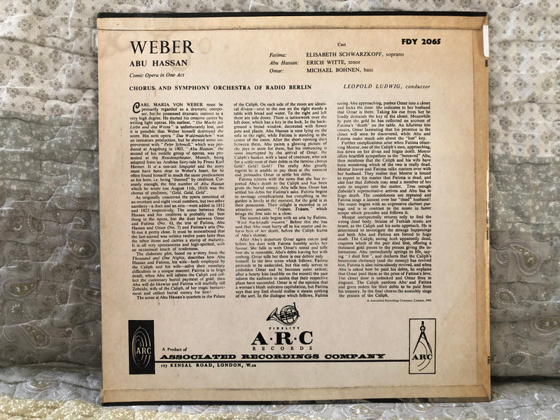 Elisabeth Schwarzkopf - Weber: Abu Hassan (Comic Opera in One Act) with Erich Witte, Michael Bohnen, Chorus And Symphony Orchestra Radio Berlin, Leopold Ludwig (Conductor) / ARC Records LP / FDY 2065Elisabeth Schwarzkopf - Weber: Abu Hassan (Comic Opera in One Act) with Erich Witte, Michael Bohnen, Chorus And Symphony Orchestra Radio Berlin, Leopold Ludwig (Conductor) / ARC Records LP / FDY 2065