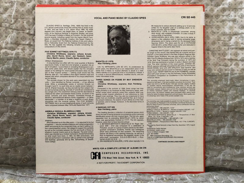 Vocal And Piano Music By Claudio Spies - Five Sonnet-Settings; Animula Vagula, Blandula; Three Songs On Poems By May Swenson; Bagatelle; 4 Dadivas / American Contemporary / Composers Recordings Inc. (CRI) LP 1980 / CRI SD 445