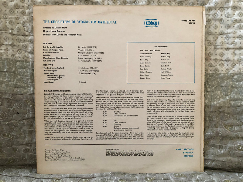 Worcester Cathedral Choristers - Handel, Schubert, Mendelssohn, Verdi, Faure, Couperin, Wesley / Roger Hemingvay, Richard Rodney Bennett, Directed by Donald Hunt / Abbey LP Stereo / LPB 764