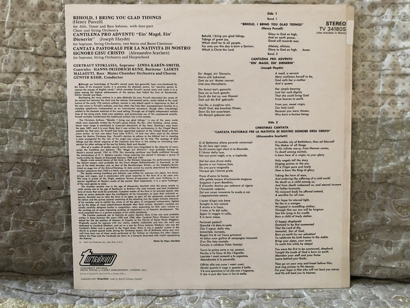 Behold, I Bring You Glad Tidings - Purcell; Cantilena Pro Adventu - Haydn; Cantate Pastorale Per La Natività Di Nostro Signore Gesu Christo - Scarlatti / Gertraut Stoklassa (soprano), Günter Kehr (conductor) / Turnabout LP Stereo 1968 / TV 34180S