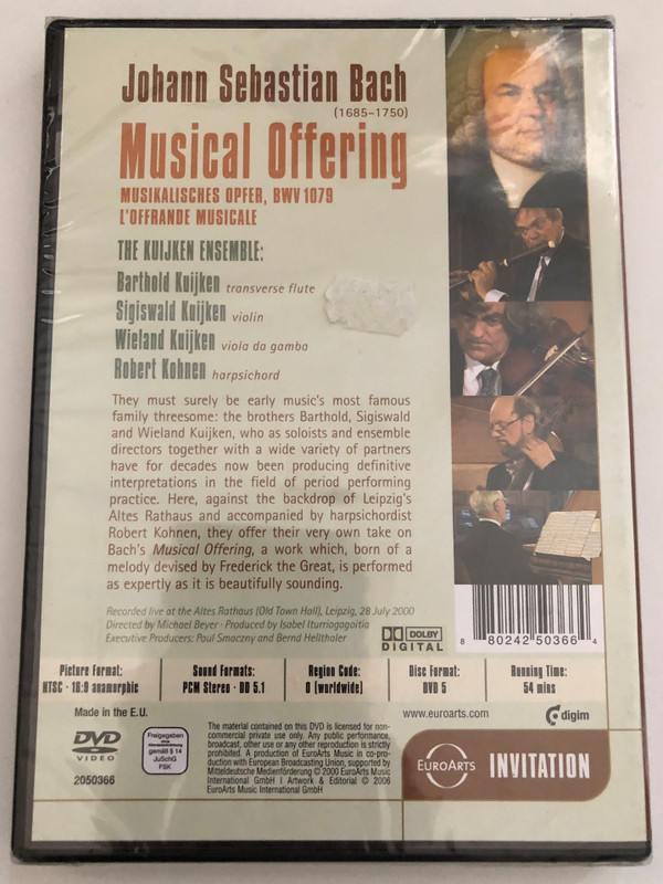 Bach - A Musical Offering  Musical Offering  The Kuijken Ensemble, Leipzig  J.S. Bach Musical Offering, BWV 1079  Recorded live at the Altes Rathaus (Old Town Hall), Leipzig, 28 July 2000  Directed by Michael Beyer  DVD (880242503664)