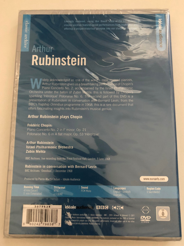 Rubinstein Plays Chopin  Israel Philharmonic Orchestra  Zubin Mehta  Arthur Rubinstein in Conversation with Bernard Levin  Produced by Pierre-Martin Juban  DVD (880242796387)