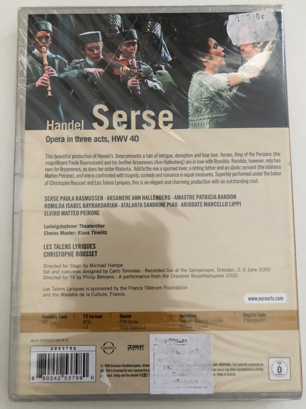 Handel - Serse  Rasmussen, Piau, Bayrakdarian, Bardon, Hallenberg, Peirone, Lippi, Rousset, Les Talens Lyriques, Dresden Opera  Directed for stage by Michael Hampe  Chorus Master Klaus Thielitz  DVD (880242537980)