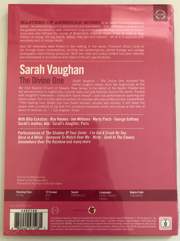 Masters of American Music Sarah Vaughan - The Divine One  Newly Digitally Remastered  Directed by Matthew Seig  Written by Dan Morgenstein  Produced by Toby Byron & Richard Saylor  DVD (880242571281)
