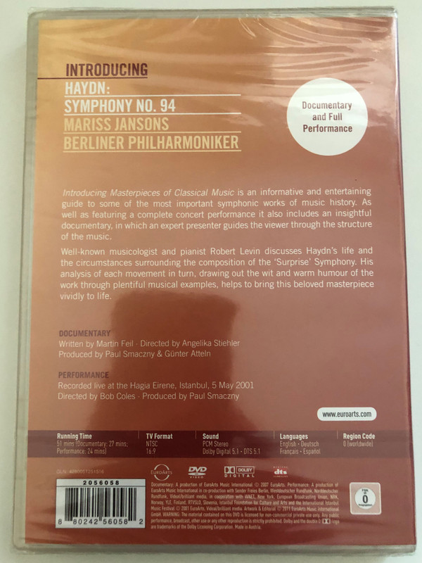 Introducing Haydn Symphony No. 94  Host Robert Levin  Berliner Philharmoniker  Mariss Jansons  Recorded live at the hagia Eirene, Istanbul, 5 May 2001  Directed by Bob Coles  Produce by Paul Smaczny  DVD (880242560582)