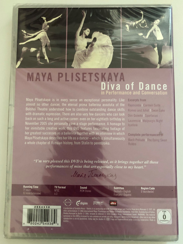 Maya Plisetskaya - Diva of Dance  Complete performances of Bach Prélude, The Dying Swan, Boléro; Excerpts from Raymonda, Carmen Suite, Romeo and Juliet, Swan Lake, Don Quixote, Spartacus, Laurencia, Walpurgis Night, Isadora  DVD (880242549389)