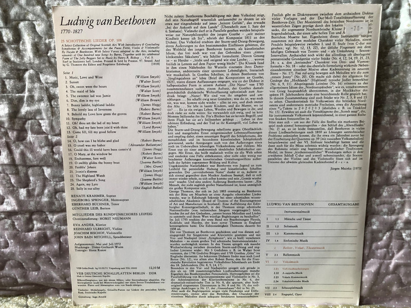 Ludwig Van Beethoven Gesamtausgabe – 25 Schottische Lieder Op. 108 (Mit Begleitung Von Klavier, Violine Und Violoncello) / ETERNA LP Stereo 1973 / 8 26 385