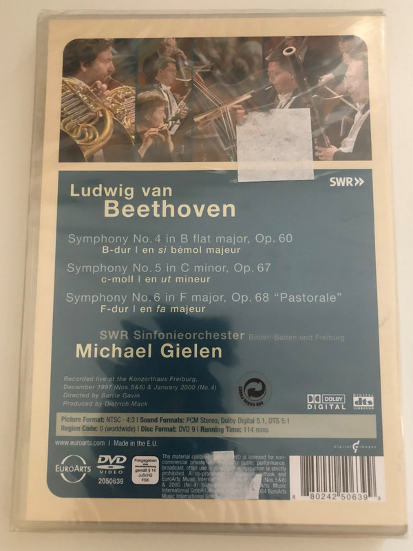 Symphonies No 4-6 Pastorale Beethoven  SWR Sinfoienorchester  Conductor Michael Gielen  Recorded live at the Konzerthaus Freiburg, December 1997 and January 2000  Directed by Barrie Gavin  DVD (880242506399)