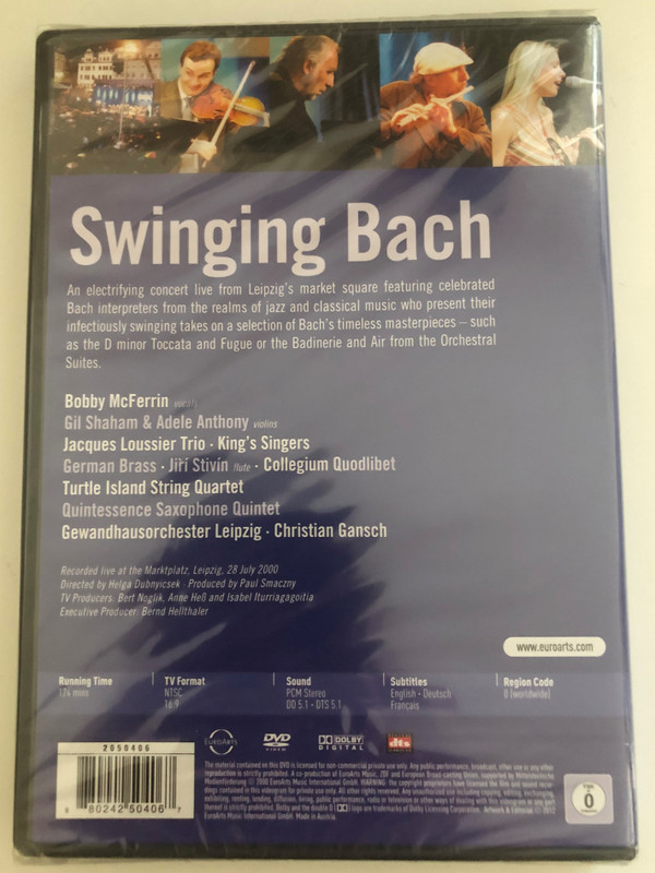 Swinging Bach Bobby McFerrin and Guests Live Concert Leipzig  Bobby McFerrin Gil Shaham &amp  Adele Anthony, Jacques Loussier Trio, German Brass  Quintessence Saxophone Quintet  Turtle Island String Quartet  Gewandhausorchester Leipzig  DVD (880242504067)