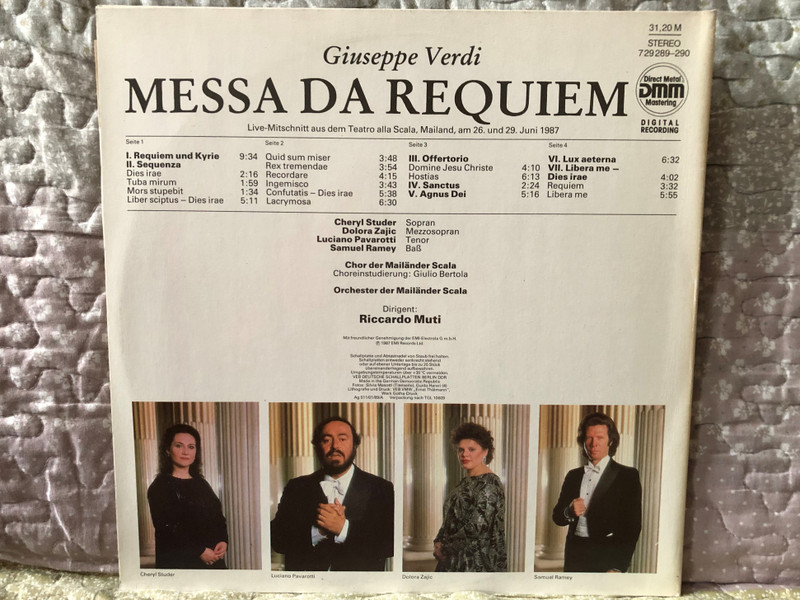 Verdi: Messa Da Requiem - Cheryl Studer, Dolora Zajic, Luciano Pavarotti, Samuel Ramey, Chor Und Orchester Der Mailänder Scala, Dirigent: Riccardo Muti / ETERNA 2x LP Stereo 1987 / 7 29 289-290