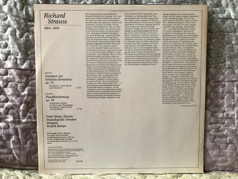 Richard Strauss - Parergon Op. 73; Panathenäenzug Op. 74 Für Klavier (Linke Hand) Und Orchester - Rudolf Kempe, Staatskapelle Dresden, Peter Rösel (klavier) / Das Instrumentalwerk / ETERNA LP 1976 / 8 26 856