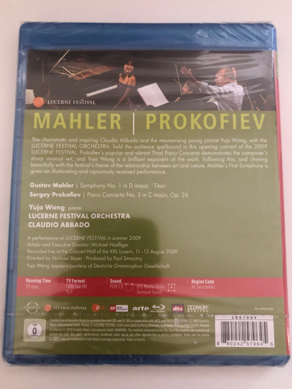 Lucerne Fest  Mahler Sym 1 Prokofiev Piano Cto 3  Yuja Wang piano  Lucerne Festival Orchestra  Conductor Claudio Abbado  Producer Paul Smaczny  Recorded live at the Concert Hall of the KKL Luzern, 11-15 August 2009   (880242579645)