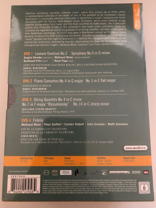 The Essential Beethoven 4 DVD Set  DVD 1 Leonore Overture No. 3 Symphony No. 9 шт В Minor  DVD 2 Piano Concertos No. 4 in G major No. 5 in E flat major  No.7 in F major “Rasumovsky No. 14 in C sharp minor  DVD 4 Fidelio  DVD (880242579584)