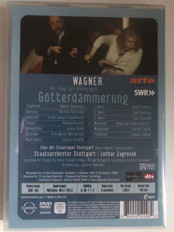  WAGNER, R. Gotterdammerung (Staatsoper Stuttgart, 2003) 2 DVD Set  Stuttgart State Opera Chorus  Stuttgart State Opera Orchestra  Conductor Zagrosek, Lothar  Recorded live at the Staatsoper Stuttgart, 3 October 2002 & 12 January 2003  DVD (880242520982)