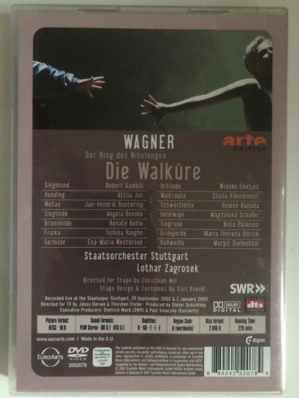 Wagner - Die Walkure 2 DVD Set  Stuttgart State Opera Orchestra  Conductor Zagrosek, Lothar  Directed for stage by Christoph Nel  Recorded live at the Staatsoper Stuttgart, 29 September 2002 & 2 January 2003  DVD (880242520784)