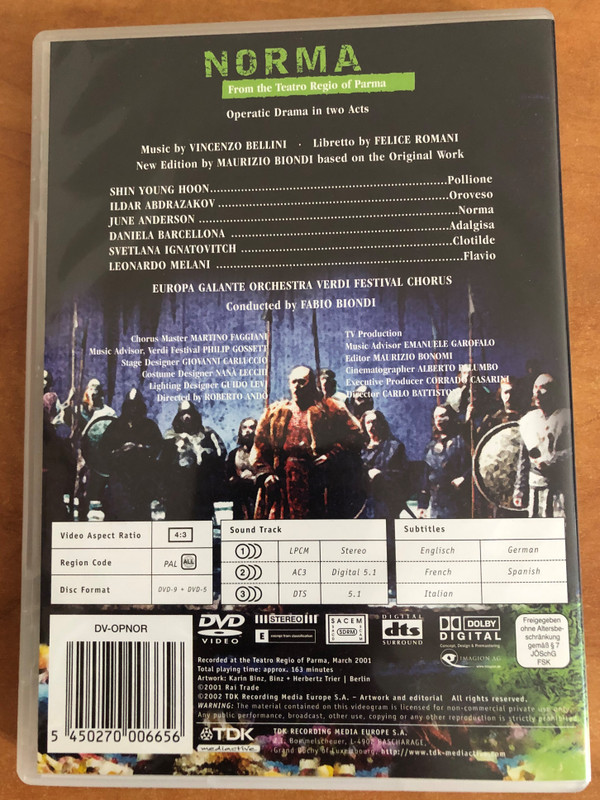 Norma 2 DVD Set / Conductor: Fabio Biondy / Europa Galante Orchestra / Verdy Festival Chorus / From the Teatro Regio of Parma / DVD (5450270006656)