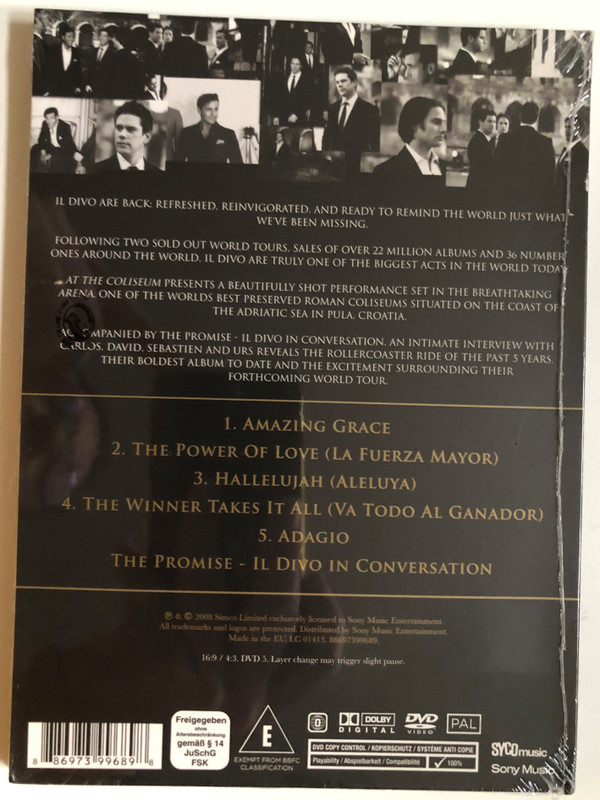 Il Divo At the Coliseum / AMAZING GRACE - THE POWER OF LOVE (LA FUERZA MAYOR) - HALLELUJAH (ALELUYA) - THE WINNER TAKES IT ALL (VA TODO AL GANADOR) - ADAGIO - THE PROMISE - il divo in conversation / Sony Music Entertainment / DVD (886973996898)