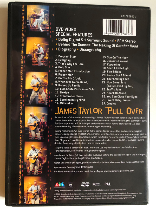 James Taylor – Pull Over / Recorded during Summer 2001 / 23 Full-length performances / Bonus: Behind-the Scenes footage of the making of James Taylor's bestselling October Road album / DVD (5099720178293)