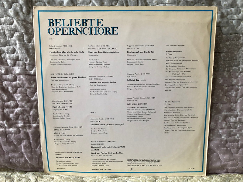 Beliebte Opernchöre III. Folge - aus Tannhäuser; Der Fliegende Holländer; Zar Und Zimmermann; Orfeo Ed Euridice; Imeneo; Der Postillon Von Lonjumeau; Don Pasquale; Fürst Igor; Eugen Onegin / ETERNA LP Stereo 1972 / 8 26 027