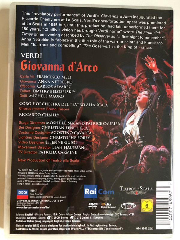 Giovanna D'arco / Coro У Orchestra del teatro alla Scala / Conductor: Riccardo Chailly / Anna Netrebko - Francesco Meli - Carlos Alvares / Produced by Moshe Leiser and Patrice Caurier / DVD (044007439678)