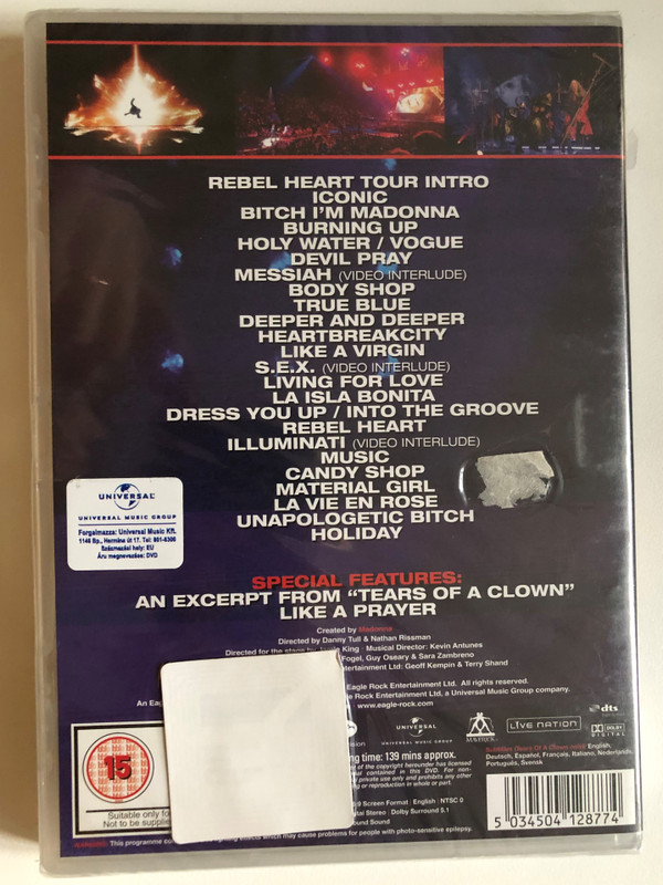 Madonna: Rebel Heart Tour / Created by Madonna / Director: Danny Tull & Nathan Rissman / Special Features: An Exerpt from "Tears of a Clown" - Like a Prayer / DVD (5034504128774)