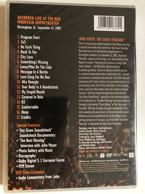John Mayer - Any Given Thursday / Recorded live at the Oak Mountain Amphitheater, Birmingem, AL September 12, 2002 / Directed by Sam Erickson / Produced by Jesse Sheppard / DVD (5099720187691)