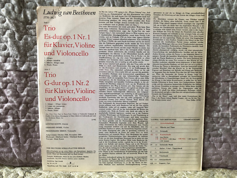 Ludwig van Beethoven - Trios Für Klavier, Violine Und Violoncello Es-dur Op. 1 Nr. 1; G-dur Op. 1 Nr. 2 - Günter Kootz (klavier), Gerhard Bosse (violine), Friedemann Erben (violoncello) / ETERNA LP Stereo 1970 / 8 26 024