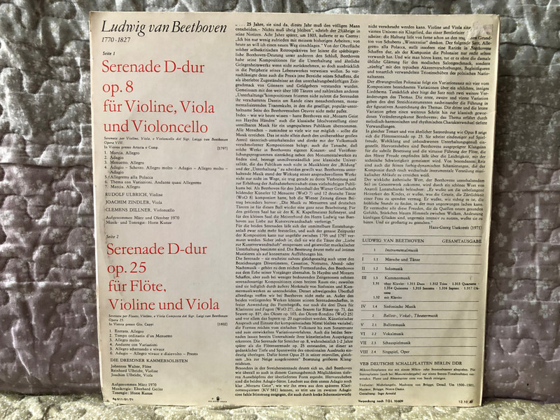 Ludwig van Beethoven - Serenade D-dur Op. 8 Für Violine, Viola Und Violoncello - Rudolf Ulbrich, Joachim Zindler, Clemens Dillner / Serenade D-dur Op. 25 Für Flöte, Violine Und Viola - Johannes Walter, Reinhard Ulbricht / ETERNA LP Stereo 1971 / 8 26 053